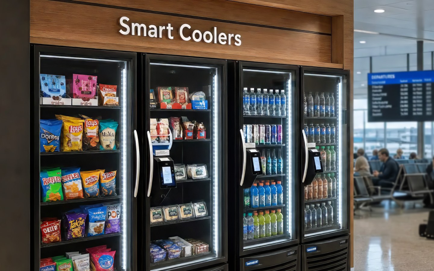 A bank of lit smart coolers stocked with snacks, fresh food and drinks, a departures board and waiting passengers beyond them