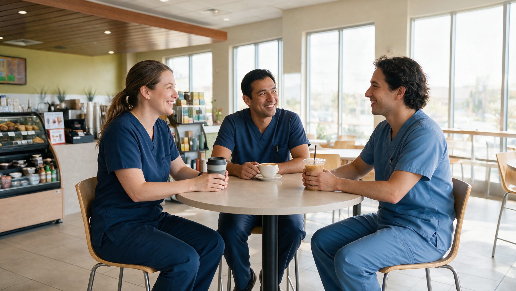 Hospital staff with coffee at the coffee shop counter during the day