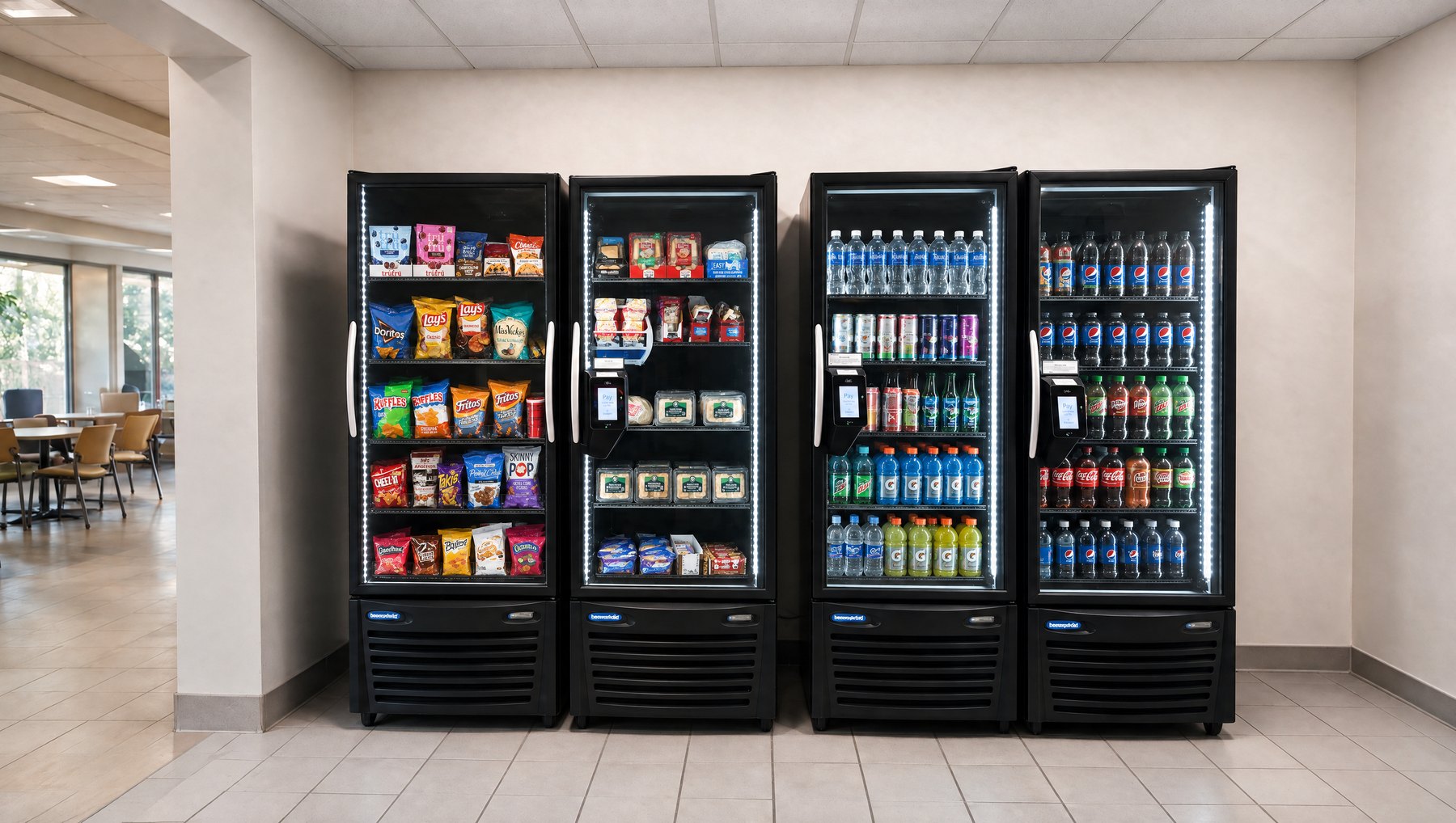 Four glass-door coolers stocked with snacks, sandwiches and drinks, standing along a hospital corridor wall in daylight, a seating area and windows beyond them