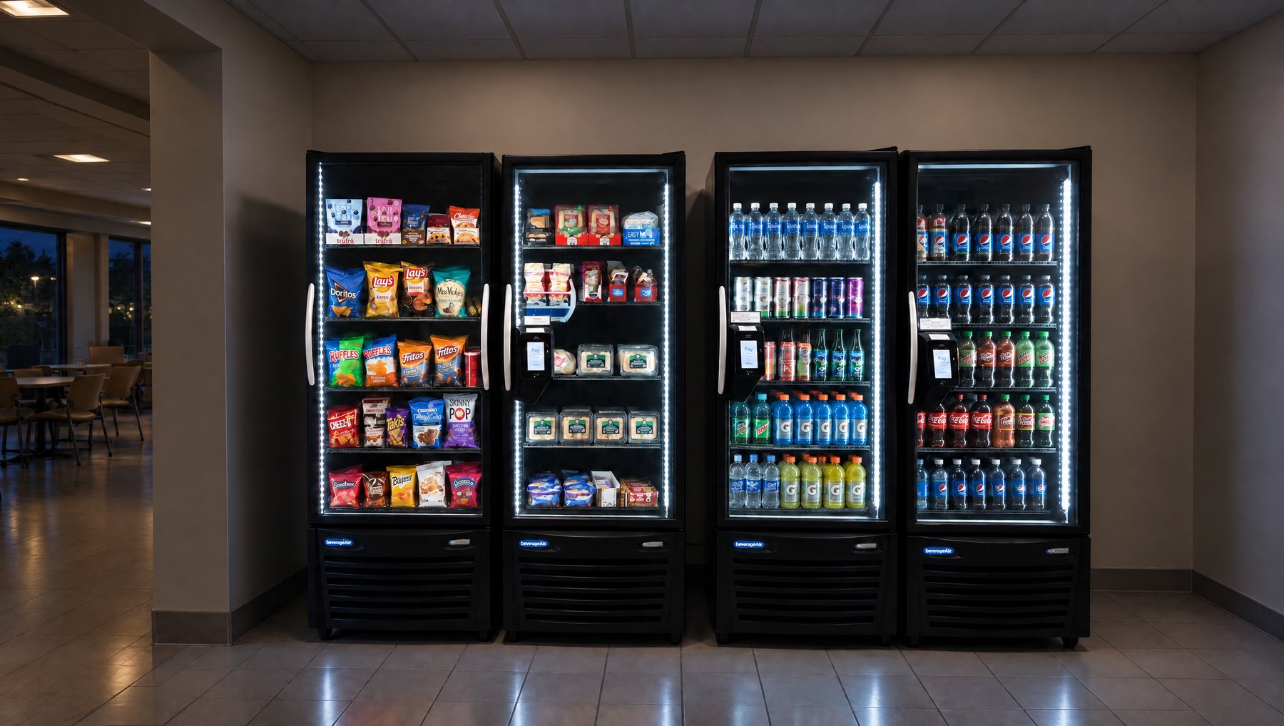 The same four coolers in the same corridor after dark, lit from inside, the windows beyond them black and the seating area empty
