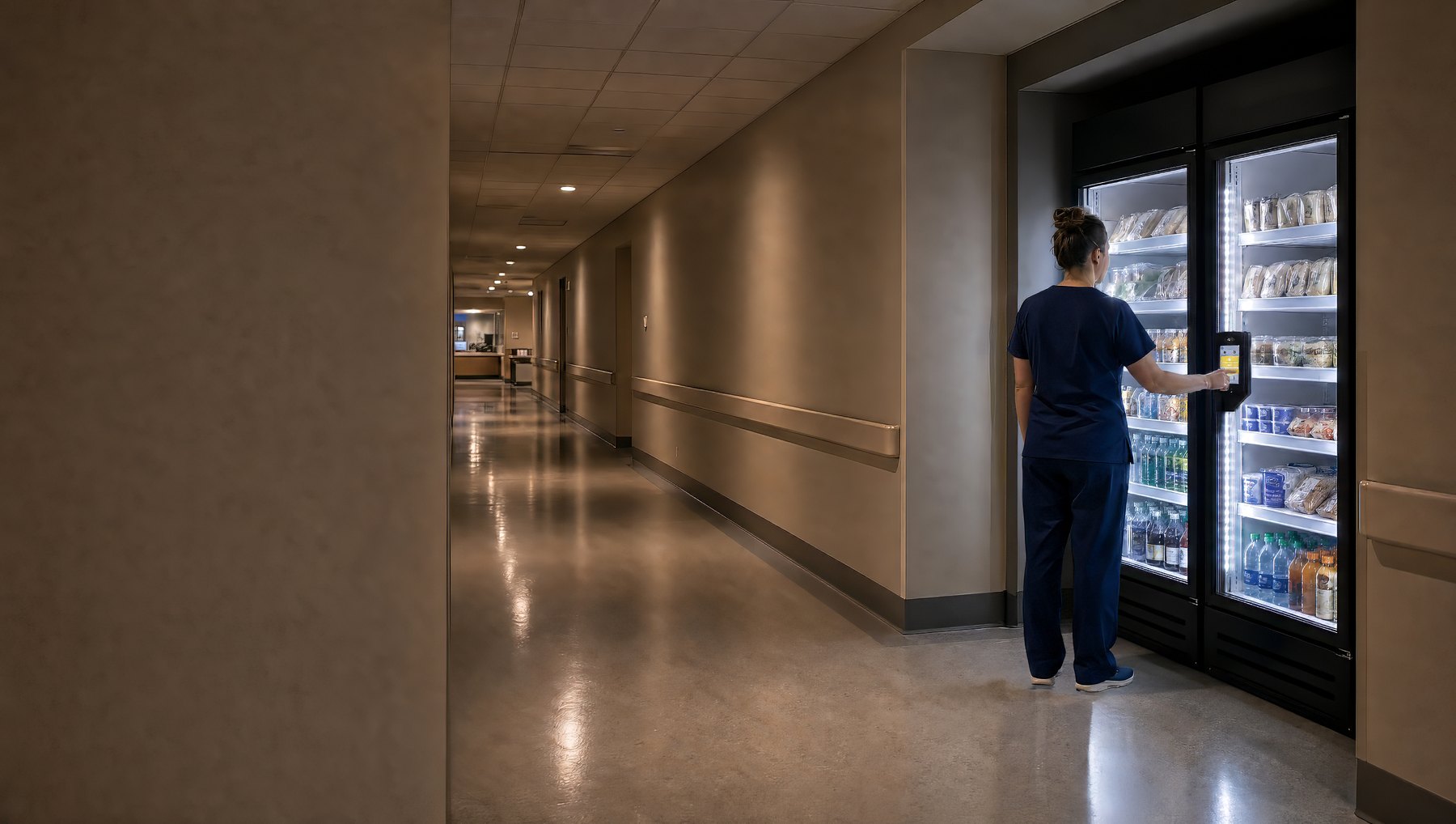 A hospital corridor after hours — lights down, one member of night staff at a lit glass-door cooler in an alcove, the far end of the building still awake