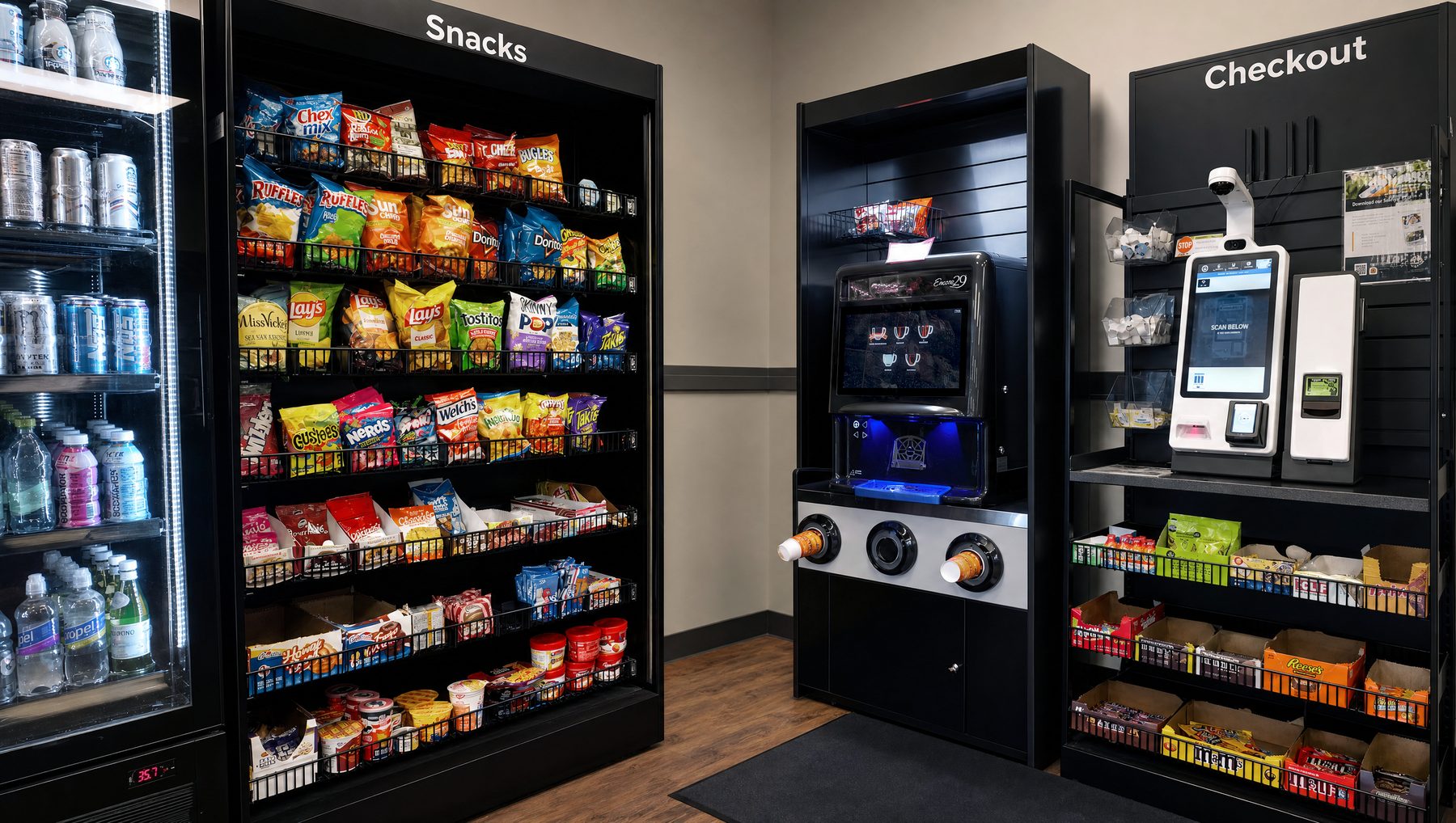 A plant break room at night, glass-door coolers and a snack bay lit against a dark wall, tables empty