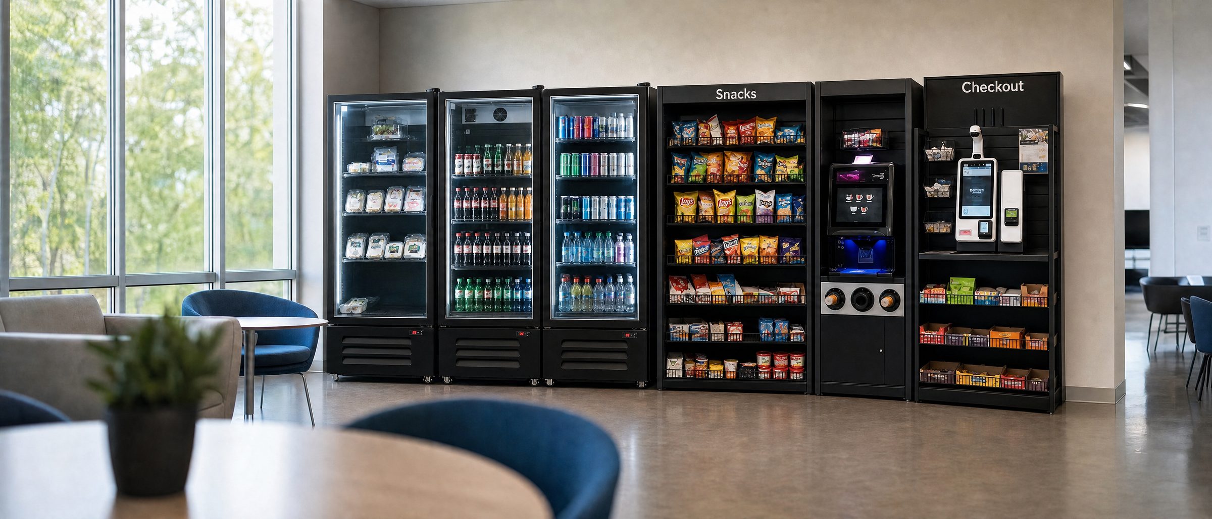 A micro market installed along a glass wall — coolers, a snack bay, a coffee unit and a self-checkout, in a daylit break area