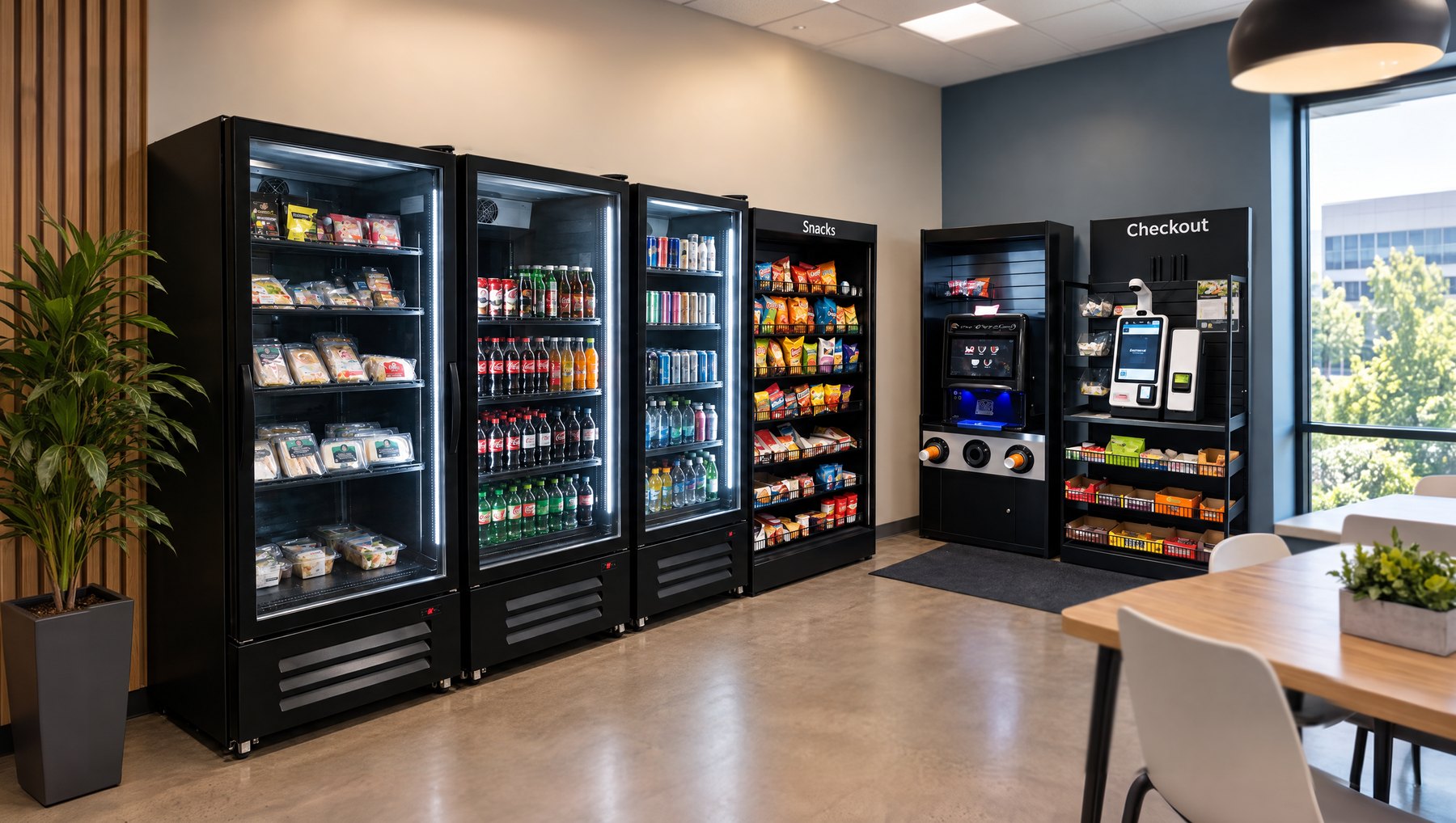 A micro market in a daylit break room — open snack shelving, a coffee unit and a self-checkout kiosk beside unlocked glass-door coolers, with a table by the window