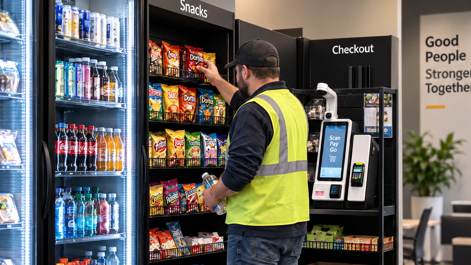 A worker in a hi-vis vest taking a snack from the open shelving of a micro market, a drink already in his hand and a Scan Pay Go checkout kiosk beside him