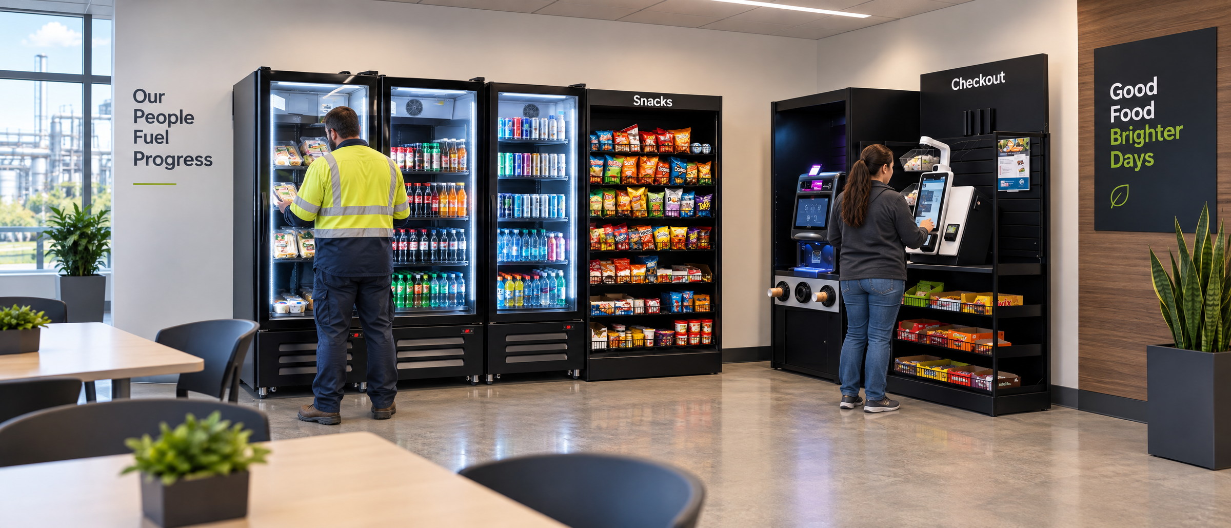 A break room where a worker in a hi-vis jacket takes a chilled meal from a cooler while a colleague pays at the checkout kiosk a few feet away, plant buildings visible through the window