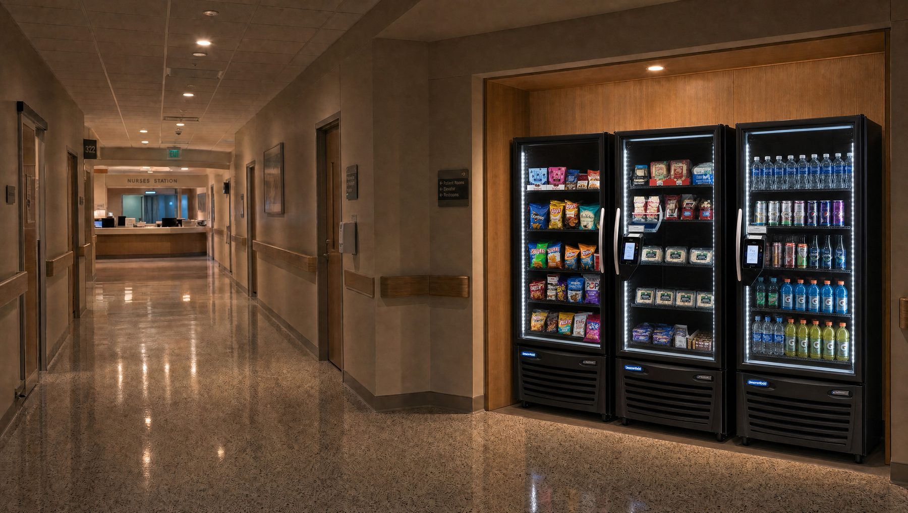 A hospital corridor at night, three lit glass-door smart coolers set into a wood-paneled alcove, the nurses' station at the far end of the hall