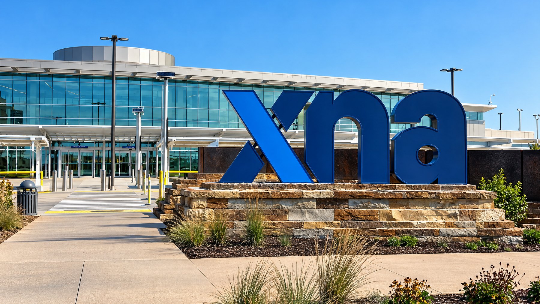 A regional airport terminal behind its monument sign, glass frontage and covered walkway, seen from the passenger approach