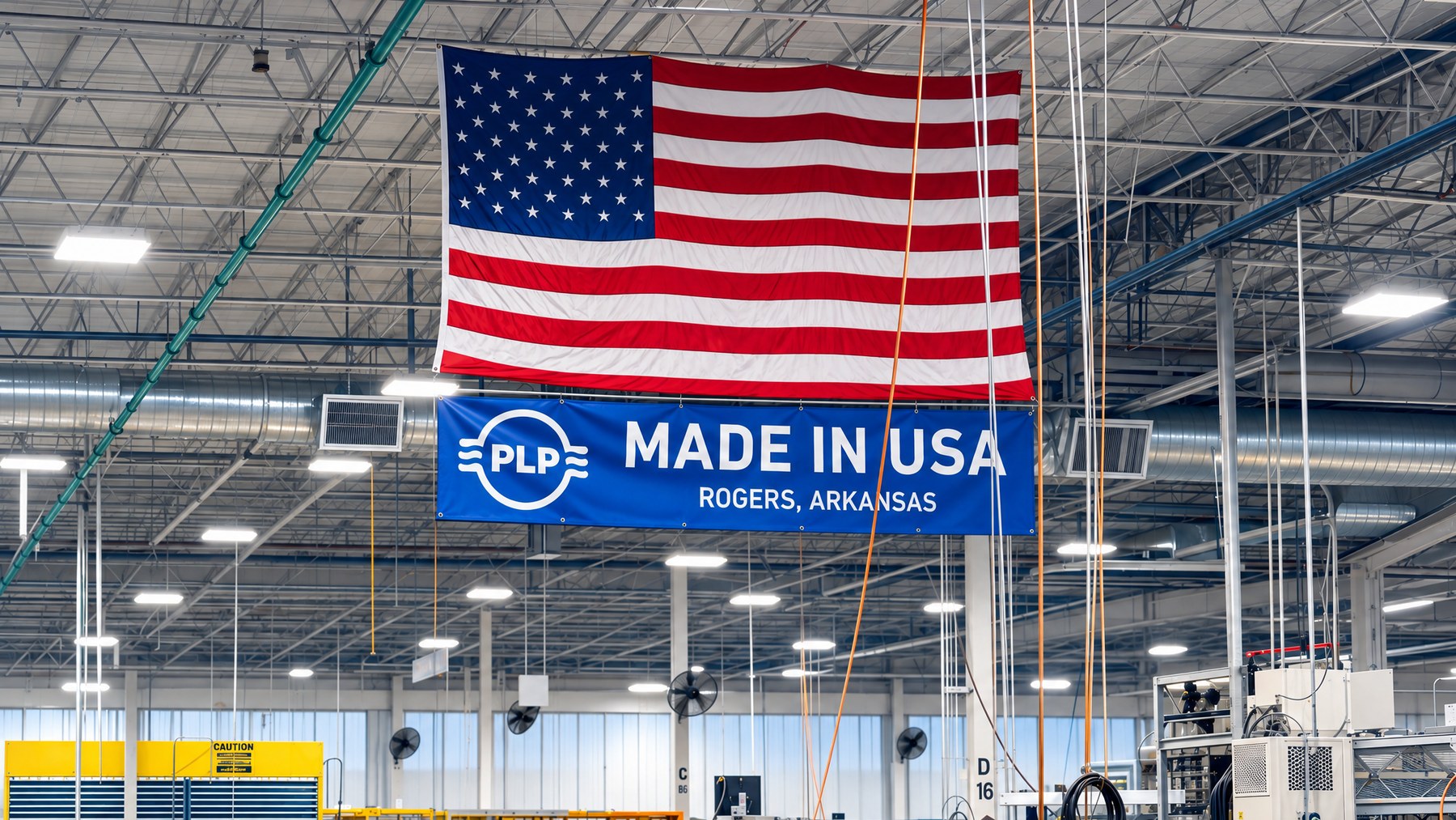 A machine shop floor under red steel columns, operators at CNC machines and an American flag hanging above the center aisle