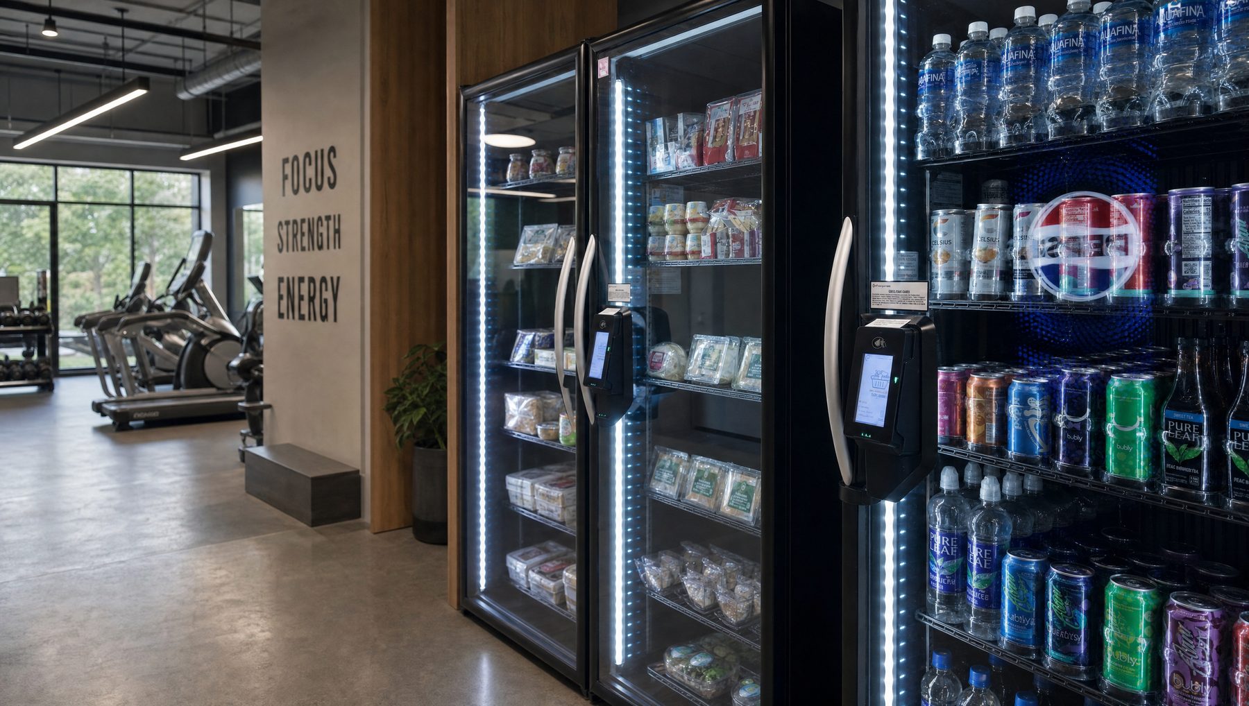 Smart coolers with door-mounted payment screens in a fitness center, packaged meals and snacks in one, waters and energy drinks in the next, treadmills by the windows beyond