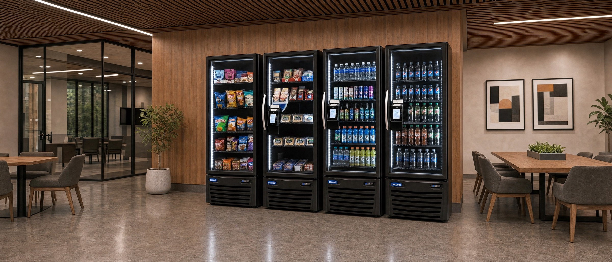 Four stocked smart coolers with door-mounted payment readers against a wood wall, with lounge tables and a glass-walled meeting room beside them